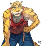 anthro belt biceps bottomwear clothed clothing eyebrows fully_clothed hand_on_hip looking_at_viewer male markings muscular muscular_anthro muscular_male open_mouth pants pink_nose shirt simple_background solo stripes tail tank_top teeth thick_eyebrows tongue topwear white_background nick300 morenatsu torahiko_(morenatsu) felid mammal pantherine tiger 2009