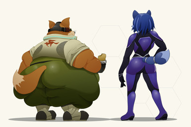 anthro belly big_butt blue_body blue_fur blue_hair bodysuit boots butt clothed clothing dipstick_tail duo electronics female food footwear fur gloves hair hand_on_hip handwear headgear headphones headset holding_food holding_object jacket male markings morbidly_obese morbidly_obese_anthro morbidly_obese_male multicolored_tail obese obese_anthro obese_male orange_body orange_fur overweight overweight_anthro overweight_male rear_view shoes simple_background skinsuit standing tail tail_markings thick_thighs tight_clothing topwear weight_difference white_background wide_hips seatbelt_(artist) nintendo star_fox fox_mccloud krystal_(star_fox) canid canine fox mammal absurd_res hi_res