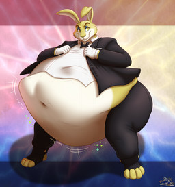 abdominal_bulge anthro belly big_belly bottomwear bow_tie buckteeth clothed clothing digestion fur gloves half-closed_eyes handwear jacket male morbidly_obese morbidly_obese_anthro morbidly_obese_male narrowed_eyes navel obese obese_anthro obese_male overweight overweight_anthro overweight_male pants smile solo standing teeth topwear vest vore whiskers scott_calico benson_(reagan700) lagomorph leporid mammal rabbit 2026 signature