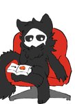 anthro black_body black_fur chair ears_up fluffy fluffy_tail fur furniture gesture male mask reading sofa solo tail thinking thoughtful_expression sharkitty changed_(video_game) puro_(changed) animal_humanoid canid canid_humanoid canine canine_humanoid canis humanoid mammal mammal_humanoid wolf wolf_humanoid hi_res