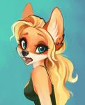 anthro black_lips black_nose blonde_hair blue_eyes breasts clothed clothing ear_piercing fangs female female_anthro fur hair lips looking_at_viewer open_mouth orange_body orange_fur piercing shirt solo tank_top teeth topwear coonkun kelseyfox canid canine fox mammal half-length_portrait portrait