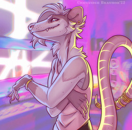 accessory ambiguous_gender anthro bracelet claws clothing ear_piercing ear_ring finger_claws furgonomics jewelry long_snout neck_tuft piercing ring ring_piercing sharp_teeth shirt snout solo tail tail_accessory tail_jewelry tail_ring tank_top teeth teeth_showing topwear tuft commander_braithor tiki_(commander_braithor) american_opossum mammal marsupial half-length_portrait hi_res portrait