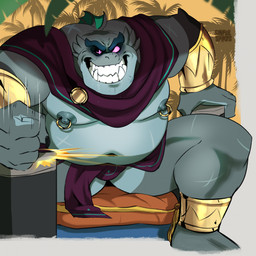 5_fingers anklet anthro barefoot belly big_belly bottomwear bracelet cape clothing cushion feet fin fingers fist fist_slam grey_body grey_scales grin jewelry loincloth male male_anthro moobs multicolored_body musclegut muscular muscular_male navel nipple_piercing nipple_ring nipples piercing purple_eyes ring_piercing scales scar shirtless shirtless_anthro shirtless_male sitting smile solo teeth thick_thighs two_tone_body sinfulspikes absolum_(game) lizard_king_(absolum) scalie 1:1 hi_res signature