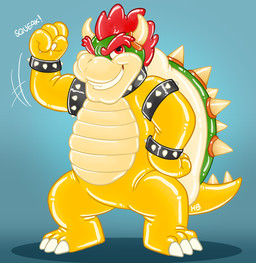 2_horns 4_fingers armband bent_legs biceps collar evil_grin fingers flexing flexing_bicep grin horn latex looking_forward muscular nails open_mouth pool_toy sharp_nails shell smile solo spikes squeak turtle_shell wristband hornbuckle mario_bros nintendo bowser koopa scalie