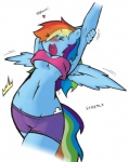 anthro anthrofied blush breasts camel_toe clothing cold-blooded-twilight cutie_mark english_text equine eyes_closed female friendship_is_magic hair mammal multi-colored_hair my_little_pony open_mouth pegasus plain_background rainbow_dash_(mlp) rainbow_hair solo stretching text tongue under_boob white_background wings yawn
Rating: Questionable
Score: 29
User: littlecabbit
Date: May 27, 2013