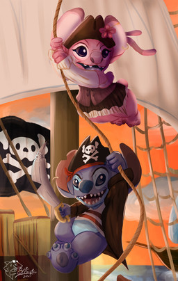 4_fingers 4_toes antennae_(anatomy) antennae_markings anthro biped blue_body blue_claws blue_finger_claws blue_nose blue_pawpads bottomless bottomless_anthro bottomless_male claws clothed clothed_anthro clothed_female clothing cutlass duo feet female finger_claws fingers flag happy holding_cutlass holding_melee_weapon holding_object holding_sword holding_weapon logo male melee_weapon notched_ear notched_sword open_mouth open_smile pawpads pink_body pirate pirate_flag pirate_hat purple_nose rope ship smile swinging sword toes vehicle watercraft weapon thebmeister disney lilo_and_stitch angel_(lilo_and_stitch) stitch_(lilo_and_stitch) alien experiment_(lilo_and_stitch) 2025 absurd_res artist_logo hi_res