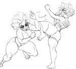 action_pose anthro athletic athletic_anthro athletic_female biped blocking bottomwear butt clothing duo eyebrows feet female female/female fight fingers footwear hair kick legwear martial_arts muscular paws pose shorts spiky_hair thick_eyebrows thick_thighs thigh_highs toeless_footwear tomboy higgyy letti_(higgyy) lith_(ink-dood) bear demon humanoid imp mammal digital_drawing_(artwork) digital_media_(artwork) monochrome sketch