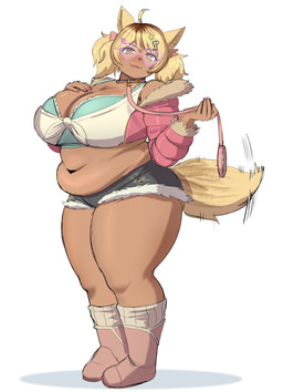 accessory ahoge alternative_fashion amber_eyes anticipation belly belly_overhang big_breasts big_butt blonde_hair blush blush_lines boots bottomwear breasts butt cleavage clothed clothing collar colored_nails crop_top cropped_jacket curvy_figure daisy_dukes dark_body dark_skin denim denim_bottomwear denim_clothing denim_shorts eyewear female footwear glasses gyaru hair hair_accessory hairclip heart_glasses holding_leash holding_object hotpants huge_thighs inner_ear_fluff j-fashion leash leashed_collar lips looking_at_viewer love_handles markings mole_(marking) mole_on_breast nails navel overweight overweight_female overweight_humanoid pigtails pink_nails shirt shoes shorts smile smiling_at_viewer solo standing submissive submissive_female suntan tail tail_motion tailwag tan_body tan_line tan_skin thick_thighs three-quarter_view topwear tuft wide_hips tallinax vtuber mint_castella animal_humanoid canid canid_humanoid canine canine_humanoid dog_humanoid humanoid mammal mammal_humanoid 2026 absurd_res full-length_portrait hi_res portrait