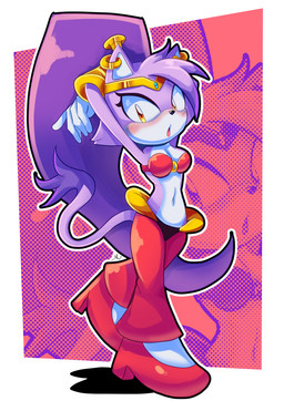 anthro bandeau blush breasts circlet clothed clothing cosplay crossover_cosplay eyelashes female hands_behind_head navel open_mouth purple_body solo text topwear white_body yellow_eyes jarvidtakero sega shantae_(series) sonic_the_hedgehog_(series) wayforward blaze_the_cat shantae domestic_cat felid feline felis mammal 2026 absurd_res crossover english_text hi_res