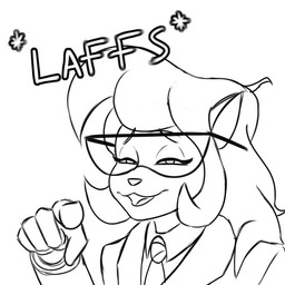 anthro clothed clothing eyewear female fur gesture glasses hair hand_gesture laugh laughing_at mature_anthro mature_female onomatopoeia pointing pointing_at_viewer simple_background solo sound_effects text vocalization imierbenety hanna-barbera swat_kats callie_briggs domestic_cat felid feline felis mammal 1:1 2023 digital_drawing_(artwork) digital_media_(artwork) english_text monochrome reaction_image sketch