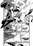 >_< bisexual blush bodily_fluids breast_squish breasts breasts_frottage eyes_closed female female/female french_kissing from_side group hand_holding kissing looking_at_another looking_pleasured male male/female screentone sharp_teeth squish steam sweat teeth trio upper_body oposa nintendo pokemon pokemon_legends_arceus canid canine fish fox garchomp generation_4_pokemon generation_8_pokemon hisuian_form hisuian_zoroark human mammal marine pokemon_(species) regional_form_(pokemon) shark 2022 absurd_res black_and_white comic hi_res monochrome