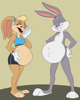 anthro belly belly_overhang big_belly blonde_hair bodily_fluids bottomwear bra buckteeth clothing cotton_tail duo ears_as_hair ears_tied_back female fist_on_hip fur gloves grey_body grey_fur hair half-closed_eyes handwear huge_belly looking_down male male/female narrowed_eyes outie overweight overweight_male paws plantigrade pregnant pregnant_female shorts smile sports_bra sweat sweatdrop tan_body tan_fur teeth underwear white_body white_fur 8aerondight8 looney_tunes warner_brothers bugs_bunny lola_bunny lagomorph leporid mammal rabbit 2025 4:5 hi_res
