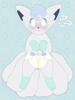 bedding bedding_background confusion curious diaper female feral fluffy fluffy_tail fur glistening glistening_eyes innocent_expression leg_markings looking_at_viewer lying markings multi_tail on_back open_mouth paws pokeball socks_(marking) solo tail wetness_indicator white_body white_fur 81yffulfmm nintendo pokemon alolan_form alolan_vulpix generation_7_pokemon pokemon_(species) regional_form_(pokemon) 3:4 hi_res