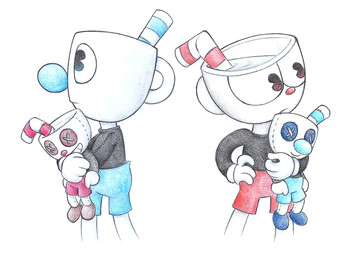 bendy_straw big_nose black_clothing black_shirt black_topwear blue_bottomwear blue_clothing blue_nose blue_shorts bottomwear button_(fastener) button_eyes clothing container cup doll drinking_straw duo for_a_head grey_body grey_skin hug hugging_object hugging_plushie male mug plushie red_bottomwear red_clothing red_nose red_shorts shirt shorts small_nose topwear toy meraki-sunset cuphead_(game) studio_mdhr cuphead_(character) mugman animate_inanimate humanoid object_head colored_pencil_(artwork) graphite_(artwork) traditional_media_(artwork) brother_(lore) brothers_(lore) sibling_(lore) twins_(lore)