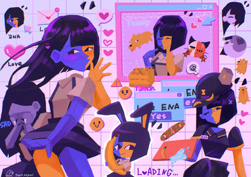 anime_style banana black_eyes black_hair blue_body blush bodily_fluids bottomwear breasts clothed clothing collared_shirt crying envelope eyebrows female feral floating_arms floating_head food frown fruit grey_body hair hat headgear headwear heart_symbol micro multicolored_body not_furry open_mouth plant sad shirt simple_background skateboard skirt smile solo speech_bubble split_color suspenders tears text thought_bubble topwear turron two_tone_body vehicle whiskers white_body yellow_body usagimarumei ena_(series) ena_(web_series) ena_(joel_g) full-sadness_ena hourglass_dog_(ena) moony_(ena) sadder_ena shepherd_(ena) animal_humanoid canid canine canis digital_creature domestic_cat domestic_dog ena_(species) felid feline felis humanoid lagomorph lagomorph_humanoid leporid_humanoid living_moon mammal mammal_humanoid rabbit_humanoid sphere_creature digital_media_(artwork) hi_res