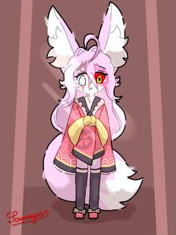 adolescent anthro asian_clothing big_tail blind_eye blush brown_clothing brown_footwear brown_socks clothing dipstick_ears dipstick_tail ear_markings east_asian_clothing eye_scar eyelashes facial_scar female footwear fur hair inner_ear_fluff inside japanese_clothing kimono looking_at_viewer markings mirror multicolored_body multicolored_ears multicolored_fur orange_eyes pink_body pink_clothing pink_ears pink_footwear pink_fur pink_hair pink_shoes pink_tail red_sclera scar shoes socks solo tail tail_markings tuft two_tone_body two_tone_fur white_body white_ear_tips white_fur white_inner_ear_fluff white_tail_tip yellow_bow young young_anthro young_female xammyxx sakura_(xammyxx) canid canine fox mammal 2026 3:4 digital_media_(artwork) hi_res ibispaint_(artwork) signature watermark