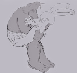 3_toes anthro blush boxers_(clothing) clothing duo feet forestesme male male/male on_lap simple_background simple_coloring sitting_on_lap size_difference straddling toes tongue tongue_out underwear sam_and_max max_(sam_and_max) samuel_dog canid canine lagomorph leporid mammal rabbit hi_res