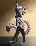 anthro bandage black_sclera clothing dancing dancing_girl fangs female fur grey_body grey_fur hair leather_belts legwear leopard_spots long_tail multicolored_hair pole short_haircut solo spots stockings stripper_pole tail teeth two_tone_hair volodyanocturne felid feline hybrid mammal 4:5