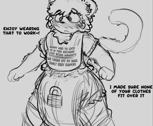 4_fingers ageplay ambiguous_gender anthro bib big_diaper blush blush_lines clothed clothing dialogue diaper diaper_under_clothing diaper_under_onesie fingers grey_background hair humiliation lock_symbol locked_diaper roleplay simple_background solo standing tail text tilde_after_text wearing_diaper wide_eyed ludis-luteo ludis_(ludis-luteo) domestic_cat felid feline felis hybrid lagomorph leporid mammal rabbit 2021 english_text greyscale monochrome portrait sketch three-quarter_portrait