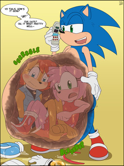 abdominal_bulge anthro blush bodily_fluids clothed clothing dialogue digestion electronics female female_prey group gurgle_(sound_effect) hand_on_belly internal looking_pleasured male male_pred multiple_prey onomatopoeia phone rumbling_stomach same_size_vore simple_background sound_effects speech_bubble stomach_acid tearing_clothing text torn_clothing trio vore worried_look yellow_background youkai-chan sega sonic_the_hedgehog_(series) amy_rose sally_acorn sonic_the_hedgehog chipmunk eulipotyphlan ground_squirrel hedgehog mammal rodent sciurid 2021 english_text hi_res watermark