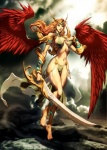 armor barefoot clothed clothing cloud feathered_wings feathers feet female melee_weapon ornate red_wings skimpy solo sword weapon wings genzoman zarich