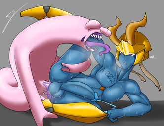 bestiality big_penis blue_body bodily_fluids cum cum_while_penetrated duo ejaculation femboy feral genital_fluids genitals horn long_tongue male male/male penetration penis purple_eyes sharp_teeth spread_legs spreading sweat teeth tongue littlebird7284 alien gastropod humanoid mollusk slug hi_res