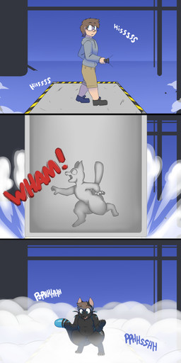 anthro black_body blue_clothing blue_hoodie blue_topwear bottomwear brown_hair claws clothing digitigrade eyewear flashlight footwear forced forced_transformation glasses growth hair holding_flashlight holding_object hoodie human_to_anthro looking_down machine male shoes shorts shrinking size_transformation species_transformation tail tail_growth topwear transformation whisker_growth whiskers robertge hi-fi_rush microsoft tango_gameworks 808_(hi-fi_rush) domestic_cat felid feline felis human mammal robot 2023 absurd_res comic hi_res