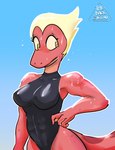 4_fingers abs anthro blonde_hair blue_background bodily_fluids clothing female fingers hair red_body red_skin simple_background solo sweat swimwear yellow_eyes thedarkzircon amphibia_(series) disney general_yunan amphibian newt salamander 2022 digital_media_(artwork) hi_res signature