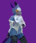 anthro beak biped blue_body blue_eyes blue_feathers blue_tail_feathers blush chest_tuft clothing feathers featureless_crotch footwear front_view glistening glistening_eyes grey_beak half-closed_eyes male narrowed_eyes purple_background purple_body purple_feathers purple_tail_feathers simple_background socks solo standing topwear tuft white_body white_clothing white_topwear oselotti avian hi_res portrait signature three-quarter_portrait