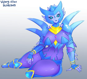 black_body blue_body blue_eyes breasts claws female machine multicolored_body purple_body sitting solo two_tone_body vipery-07 hasbro takara_tomy transformers alien cybertronian humanoid robot