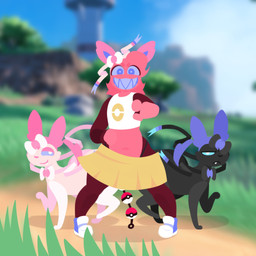ambiguous_gender anal_beads anthro bottomwear challenging clothing crop_top feral grass_field group panties pink_body pokeball pokeball_anal_beads pokeball_sex_toy sex_toy sharp_teeth shirt skirt teeth topwear trio underwear hailey_png nintendo pokemon lust_(hailey_png) eeveelution generation_6_pokemon pokemon_(species) reptile scalie sylveon 1:1 hi_res