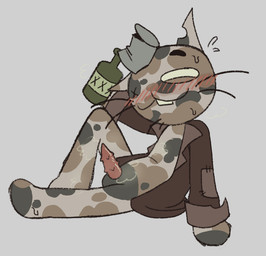 alcohol_bottle animal_genitalia animal_penis anthro beverage_bottle blush blush_lines bodily_fluids bottle calico_pattern clothing coat container erection feline_genitalia feline_penis genitals lying male missing_eye musk musky_penis on_side penis solo sweat tin_can topwear trenchcoat jeffthefucksme mewgenics trampy_(mewgenics) domestic_cat felid feline felis mammal