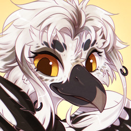 ambiguous_form beak black_beak black_wings brown_pupils cheek_tuft facial_tuft female glistening glistening_eyes hair looking_at_viewer orange_eyes pupils short_hair simple_background solo tuft white_body white_hair white_wings wings yellow_background bloominglynx avian 1:1 hi_res
