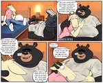 2022 anthro bear bed bedroom belly big_belly black_body black_nose bodily_fluids bottomwear bovid bulge butt caprine clothing comic cuddling detailed_background duo english_text eyes_closed furniture goat hi_res hug humanoid_hands inside male mammal overweight overweight_anthro overweight_male pants percy_(trashtoonz) pink_clothing pink_shirt pink_topwear shirt sitting smokey_(trashtoonz) sweat text topwear trashtoonz underwear