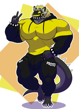 big_muscles big_pecs blonde_hair bottomwear bracelet bulge clothing collar eyewear eyewear_on_head gesture hair hand_gesture hoodie huge_pecs jewelry machine male muscular muscular_male pants pecs pecs_with_breasts smile solo spiked_bracelet spiked_collar spikes sunglasses sunglasses_on_head tail topwear v_sign wearing_sunglasses yellow_clothing yellow_hoodie yellow_topwear mike_dramon_(artist) mikegen humanoid protogen absurd_res hi_res