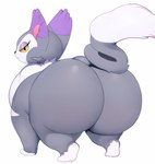 absurd_res ambiguous_gender big_butt butt butt_focus capikeeta feral generation_4_pokemon grey_body hi_res huge_butt lidded_eyes looking_at_viewer looking_back looking_back_at_viewer nintendo pokemon pokemon_(species) purugly raised_tail rear_view simple_background solo tail white_background white_body