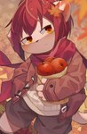 4_fingers anthro apple black_bottomwear black_clothing black_nose black_shorts blush blush_lines bottomwear brown_trenchcoat clothing fingers food fruit fur glistening glistening_eyes glistening_food glistening_hair hair hand_in_pocket high-angle_view holding_apple holding_food holding_fruit holding_object kemono leaf leaf_on_head looking_aside male maple_leaf narrowed_eyes orange_eyes plant pockets pouting red_hair red_scarf scarf shirt shorts solo tail tan_body tan_ears tan_face tan_fingers tan_fur tan_legs tan_tail topwear white_clothing white_shirt white_topwear young young_anthro aoino stella_(aoino) domestic_cat felid feline felis mammal 2022 absurd_res digital_media_(artwork) hi_res portrait three-quarter_portrait