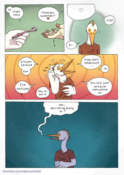 5_fingers anthro bathroom brush clothed clothed_anthro clothed_male clothing dialogue duo feathers female fingers fur humanoid_hands male male/female nervous page_number shirt solo_focus speech_bubble tan_body tan_fur text toothbrush topwear white_body white_feathers worried kantachibli clover_(kantachibli) phillip_(kantachibli) avian bird bovid bovine cattle heron mammal pelecaniform comic english_text hi_res url