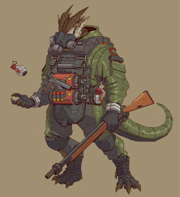 4_toes 5_fingers anthro armor biped boots brown_body claws clothed clothing explosives feet finger_claws fingers footwear gas_mask gear gloves grenade gun handwear holding_object holding_ranged_weapon holding_weapon legwear male mask paws ranged_weapon shoes solo suit tail toe_claws toes topwear weapon hat_legs mythology brutus_(pyronite) dragon mythological_creature mythological_scalie scalie hi_res