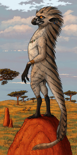ambiguous_gender anthro beak black_body black_feathers black_scales black_stripes bracelet cloud detailed_background ear_piercing feathers grass group horn jewelry necklace orange_eyes piercing plant scales side_view solo_focus standing stripes sunset tan_body tan_feathers termite_mound tree ramul antelope bovid imp mammal absurd_res hi_res