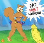 anthro biped bottomwear breasts brown_body brown_fur butt clothed clothing dialogue female fur genitals male penis presenting presenting_hindquarters sandy's_treedome skirt standing vein veiny_penis profannytea nickelodeon no_nut_november spongebob_squarepants sandy_cheeks spongebob_squarepants_(character) mammal rodent sciurid tree_squirrel meme