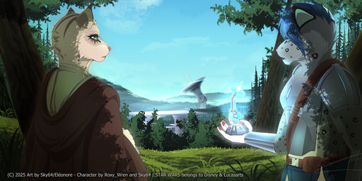 anthro armor asian_clothing breasts clothed clothing duo east_asian_clothing endor female forest forest_background fur hair holding_object hologram japanese_clothing jedi jedi_tunic kimono lightsaber mandalorian mandalorian_armor melee_weapon nature nature_background plant spots tail text tree weapon cedess_velkaas disney mythology star_wars telegram felid feline mammal pantherine snow_leopard 2025 colored digital_drawing_(artwork) digital_media_(artwork) english_text hi_res shaded signature story widescreen