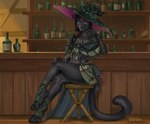 anthro clothing female hat headgear headwear jewelry magic_user solo tavern witch witch_hat carduelis felid feline mammal pantherine hi_res