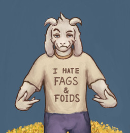 anthro bigotry black_body black_fur blue_eyes bottomwear clothed clothed_anthro clothed_male clothing ears_down flower fur gesture hand_gesture hate homophobia homophobic_slur horn looking_at_viewer male misogyny pants pivoted_ears plant pointing pointing_at_self sexism shirt shitpost slur smile smiling_at_viewer solo text text_on_clothing topwear white_body white_fur reynard_goodfellow undertale undertale_(series) asriel_dreemurr bovid caprine goat mammal meme