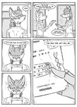 absurd_res anthro black_and_white canid canine clothed clothing comic dialogue door duo ear_piercing english_text fox hi_res inner_ear_fluff inside kifyun2 male mammal monochrome paper piercing prosthetic prosthetic_arm prosthetic_limb simple_background speech_bubble tatsuo_kimura text tuft