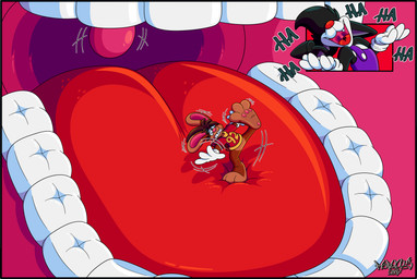 3_toes 4_fingers anthro big_feet big_tongue cartoon_gloves duo feet fingers inside_mouth laugh male male/male open_mouth pawpads paws red_tongue soft_vore spread_toes tail toes tongue toony uvula vore marquis2007 herman_(marquis2007) roderick_(tamerkoh) imp lagomorph leporid mammal rabbit absurd_res hi_res
