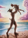 4_fingers age_difference anthro balls beach biped black_horn blue_sky brown_body brown_eyes brown_fur carrying_another casual_nudity cloud cloven_hooves detailed_background duo eyes_closed facial_hair fingers flaccid footsteps foreskin fur genitals goatee hooved_plantigrade hooved_toes hooves horn looking_at_another male nude nude_anthro nude_male older_anthro older_male open_mouth outside penis plantigrade pubes sand short_tail simulated_traditional_(artwork) sky standing sunset tail water white_sclera young young_anthro young_male younger_anthro younger_male samareck ajir_(samareck) bovid caprine goat mammal 2025 absurd_res dated digital_media_(artwork) hi_res signature adopted_(lore) adopted_son_(lore) adoptive_father_(lore)