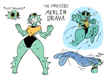anthro barefoot big_butt big_eye big_pupils breasts butt eating eating_food fangs feet female fighting_pose grin huge_hips huge_thighs non-mammal_breasts pose pupils sharp_teeth small_breasts smile solo teeth text thick_thighs tongue tongue_out underwater water wide_hips diegutan merlin_brava aquatic fish english_text hi_res
