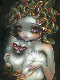 ambiguous_gender domestic_pet duo eyebrows fangs female feral grin lips living_hair looking_at_viewer pink_eyes pseudo_hair smile snake_hair tail teeth thick_lips jasmine_becket-griffith european_mythology greek_mythology mythology medusa cheshire_cat_(species) domestic_cat felid feline felis gorgon humanoid hybrid mammal reptile scalie snake 2018 3:4 acrylic_painting_(artwork) dated formal_art hi_res painting_(artwork) traditional_media_(artwork) traditional_painting_(artwork)