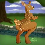 anthro biped blue_eyes breasts butt creek crouching female flat_chested forest fur genitals grass kneeling knife nipples nude outside plant pussy rear_view smile solo tree water acethebigbadwolf deer mammal 1:1 absurd_res digital_media_(artwork) hi_res